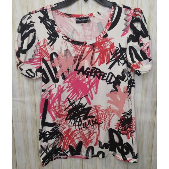 Karl Lagerfeld Paris Women's XS Graphic Puff Sleeve T-Shirt Red & Black Scribble - Picture 4 of 10